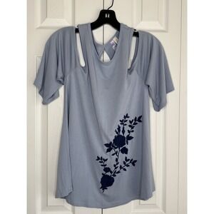 Alya Blouse Cold Shoulder Floral Embroidered Keyhole Back Soft Blue Cottage Sz M